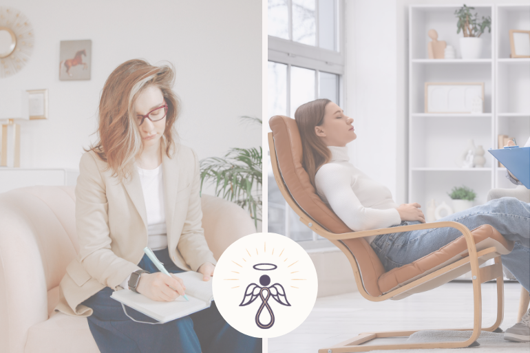 Vrouw in gesprek tijdens coaching of hypnotherapie sessie